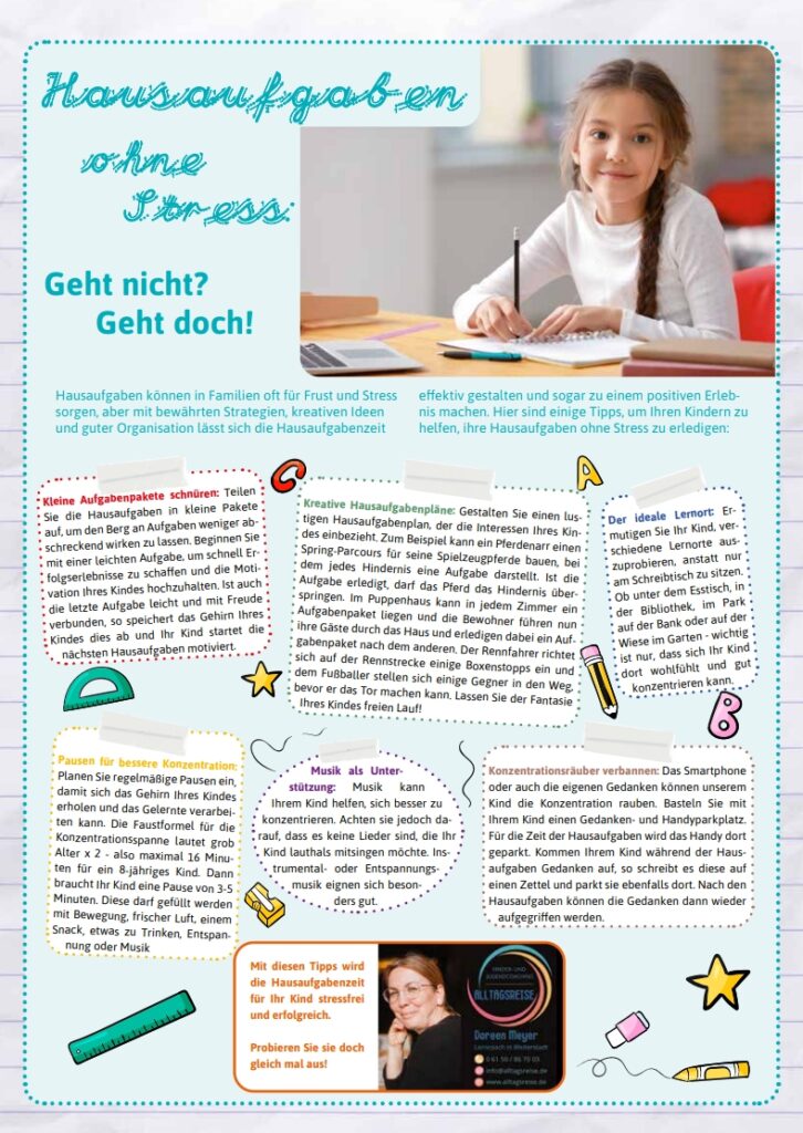 Artikel "Hausaufgaben ohne Stress" im Familienmagazin fratz - in der Ausgabe Jul/Aug/Sep 2024